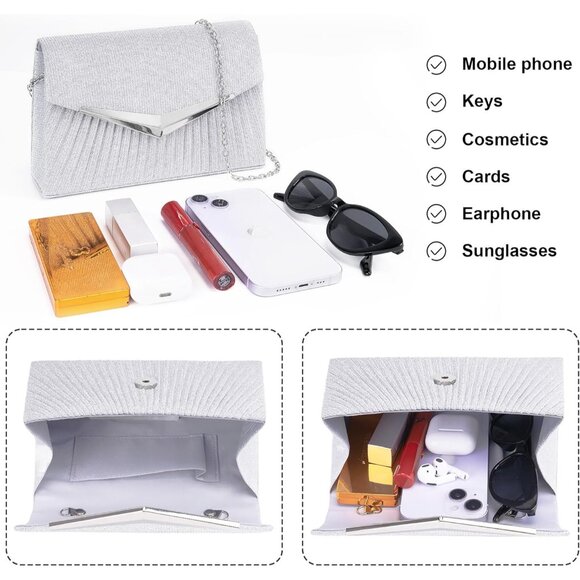 Women's Silver 2 Clutch Purses Sparkling Envelope Evening Bag Detachable Chain - Picture 5 of 7